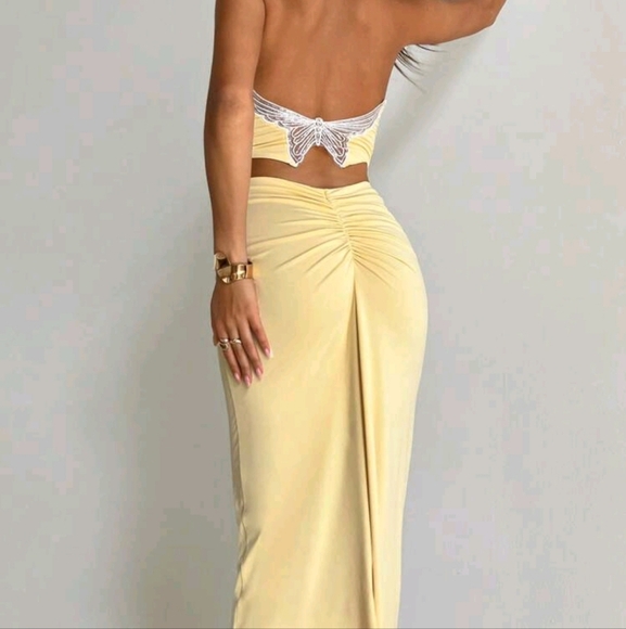 2pcs Women Set: Bow Decor Cropped Camisole Top & Long Ruched Skirt - Picture 1 of 4